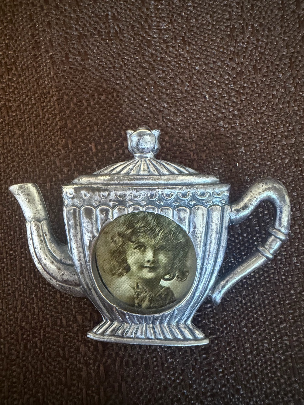 Silver Teapot Brooch with Vintage Girl Portrait